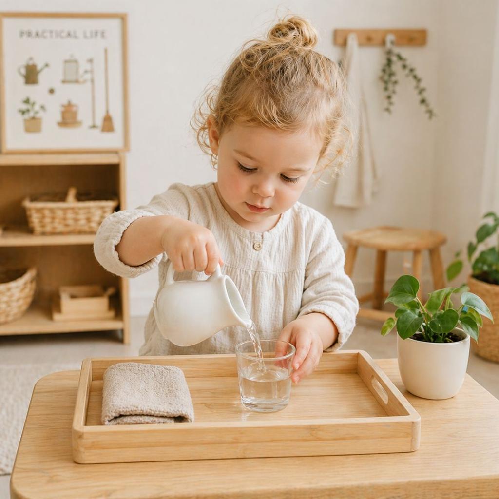 Child pouring water from a small white pitcher into a glass on a wooden tray in a cozy, light-filled room with a potted plant nearby.