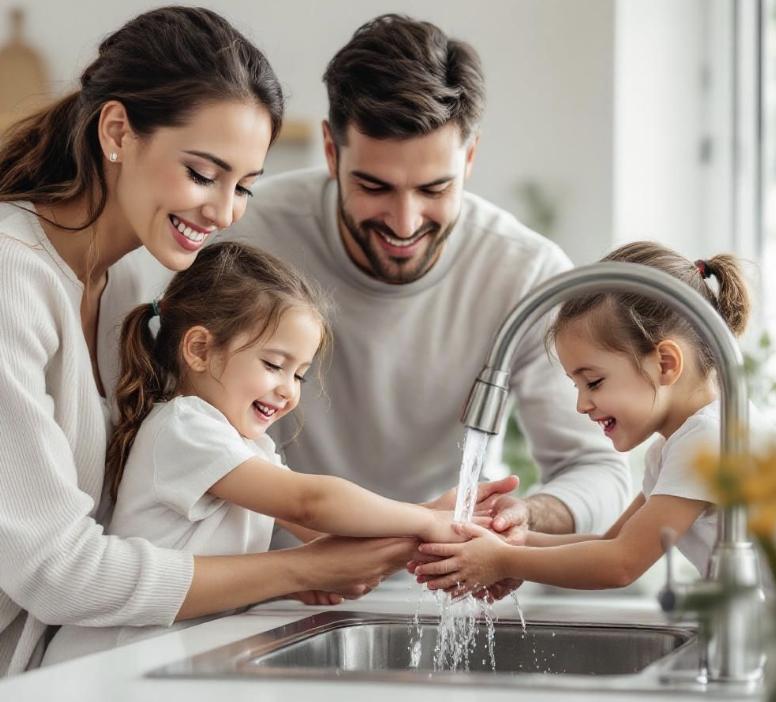 Family of four smiling as they wash hands together at a kitchen sink (mother, father, and two young girls).